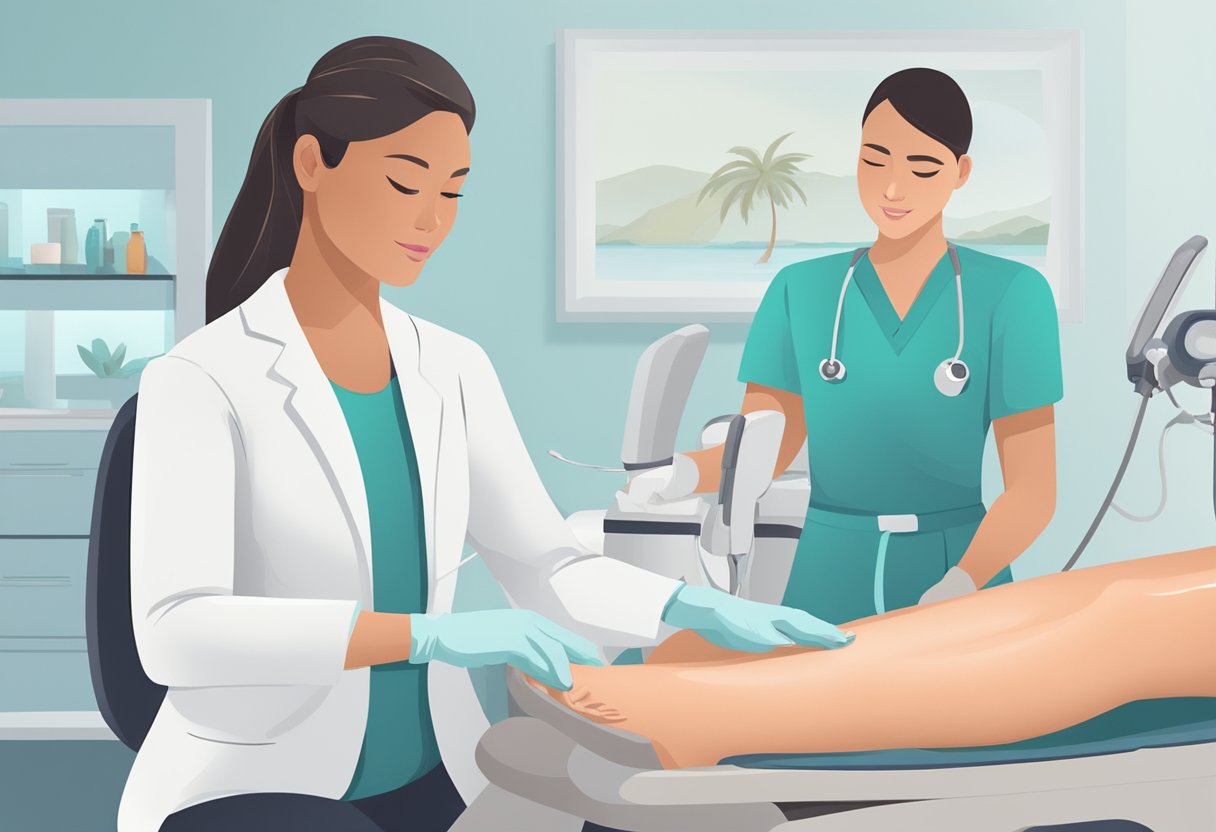 A serene, clinical setting with a patient reclined, receiving Morpheus8 treatment for stretch marks. The procedure is being performed by a skilled professional with precision and care