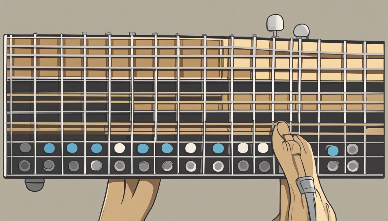 A guitar fretboard with fingers pressing down on different strings to form chords