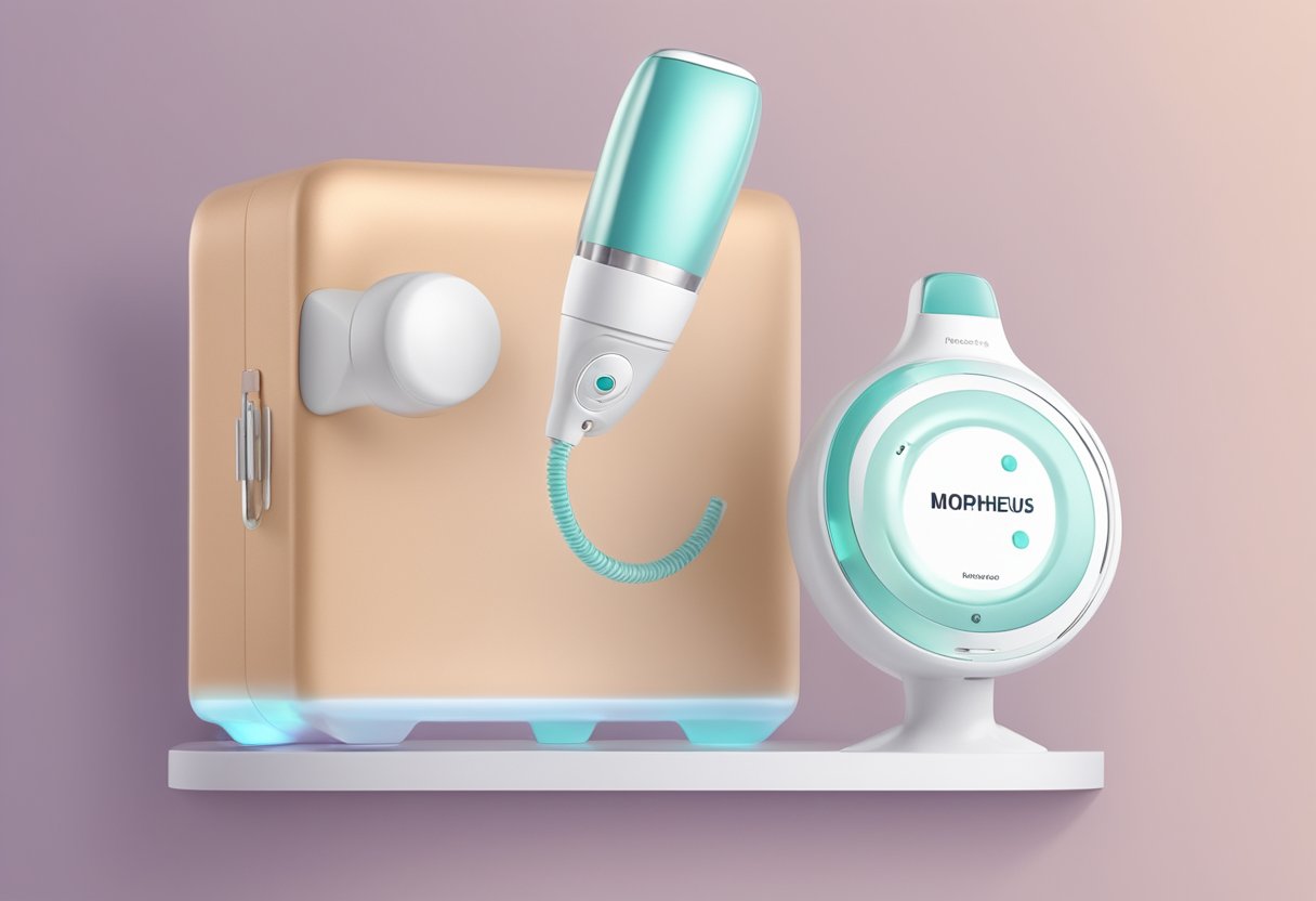 A close-up illustration of Morpheus8 treatment device targeting stretch marks on skin surface, with accompanying complementary treatments in the background