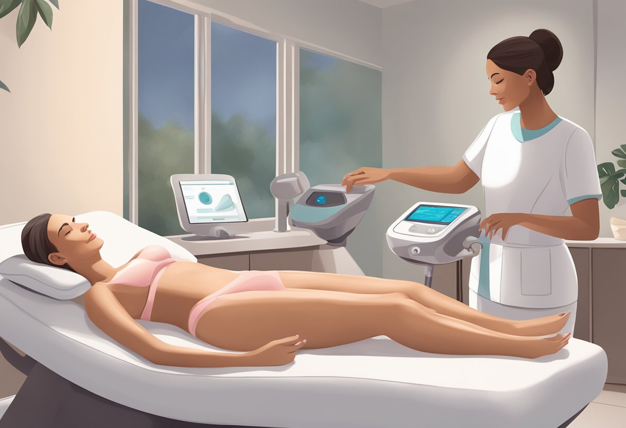 A serene, spa-like setting with a Morpheus8 machine and a client receiving treatment for stretch marks on their abdomen