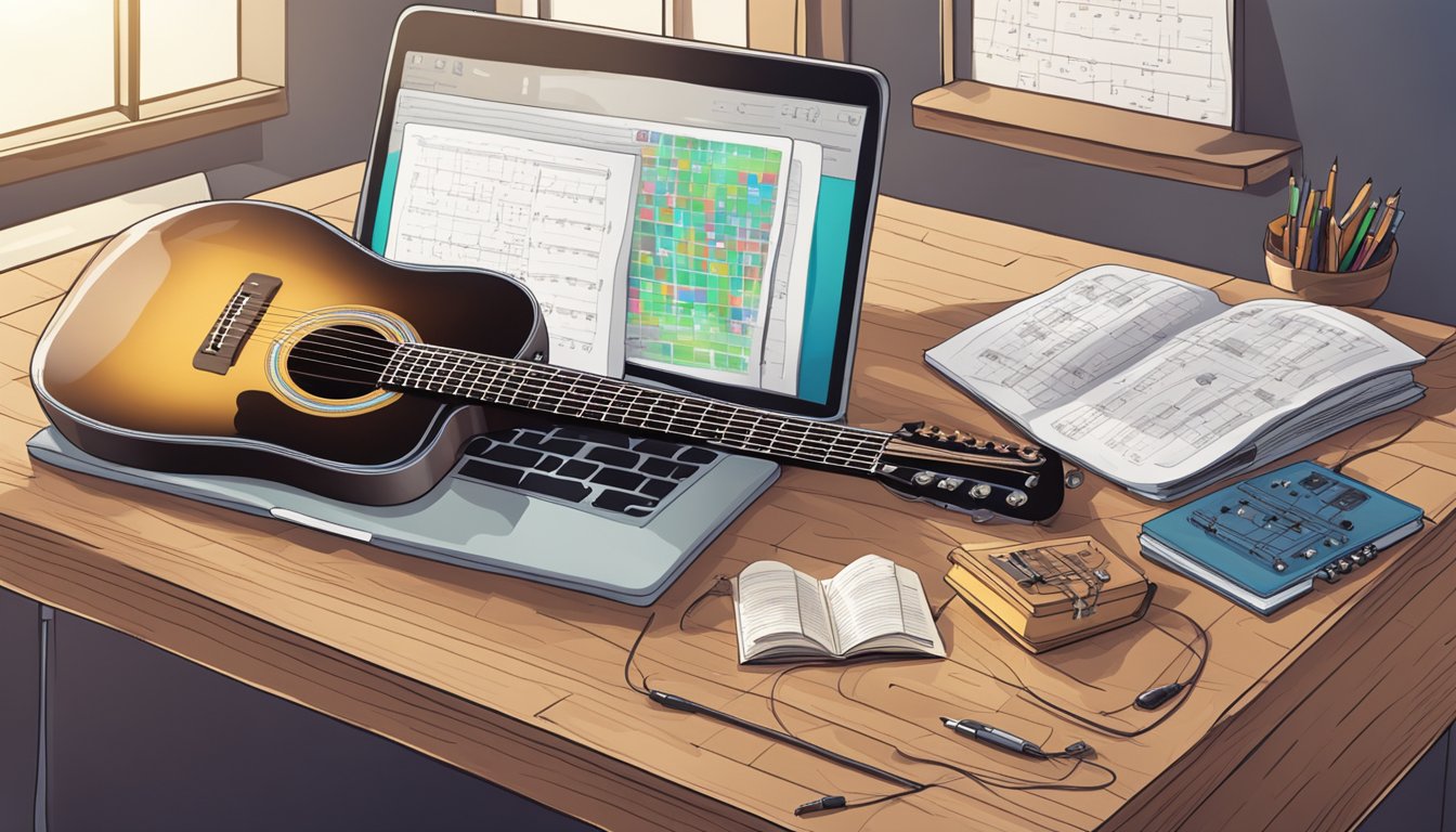 A guitar lying on a wooden table surrounded by chord charts and music theory books.</p><p>A laptop displaying online tutorials sits nearby