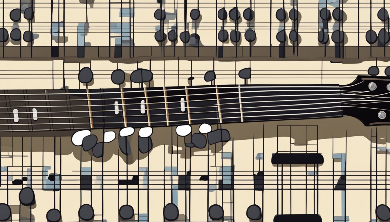 A guitar with fingers pressing down on the frets to form different chord shapes