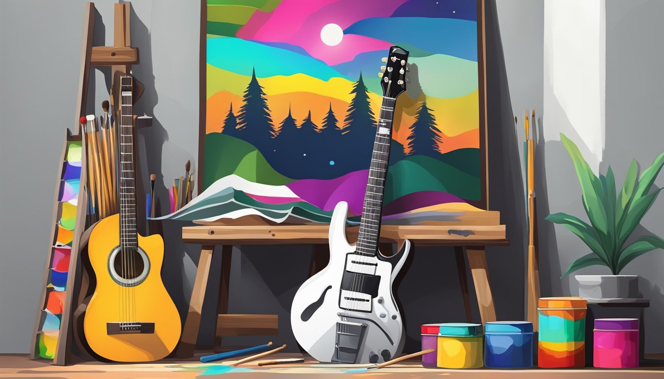 A guitar placed on a wooden easel, surrounded by tubes of paint, brushes, and a blank canvas waiting to be transformed into a vibrant musical masterpiece