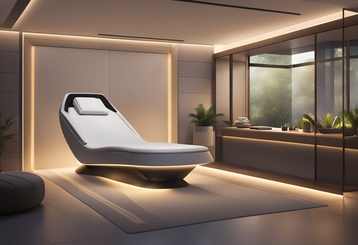 A serene, dimly lit spa room with a reclined treatment bed and a sleek Morpheus8 device positioned nearby