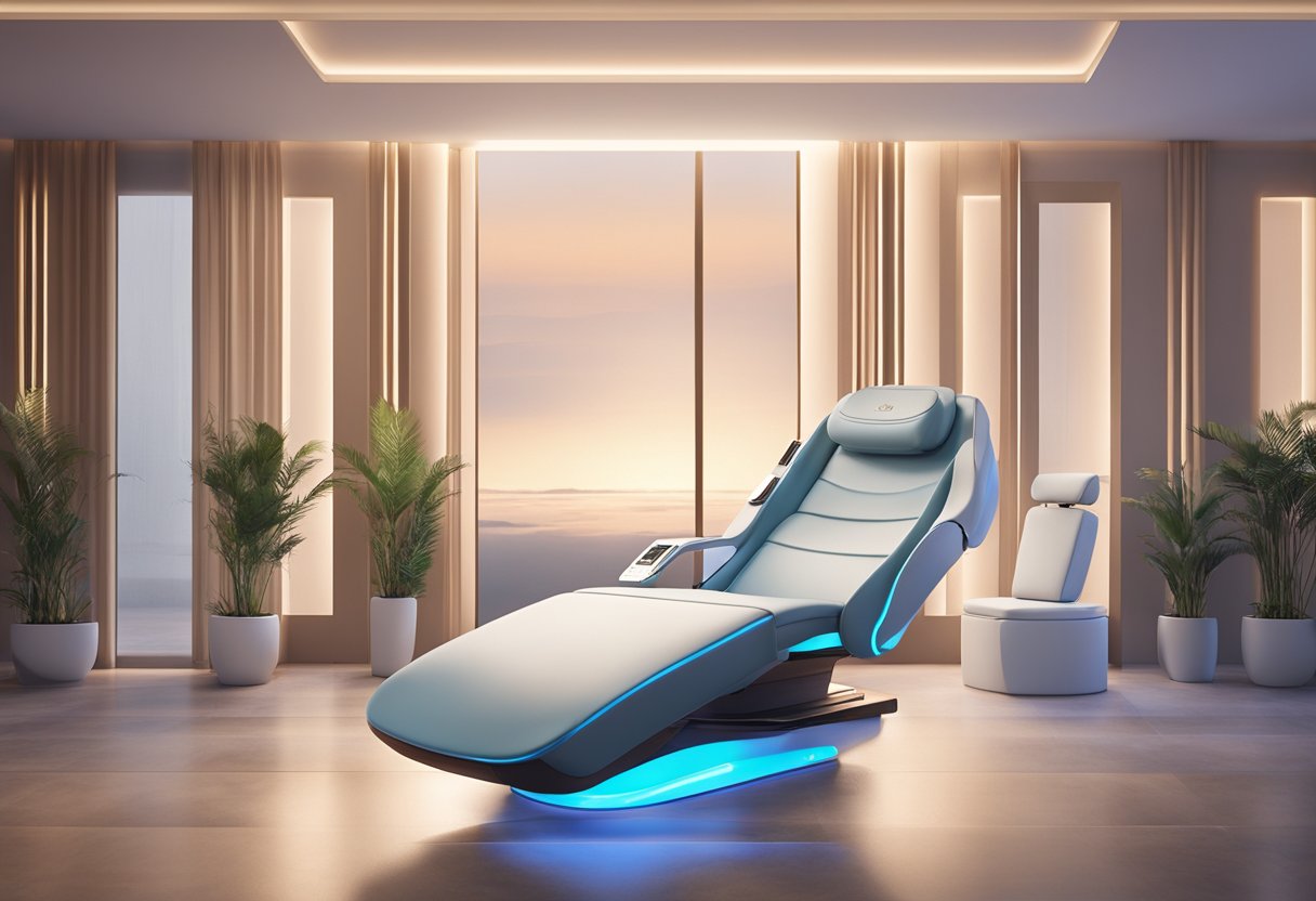 A serene spa setting with a reclining treatment chair, soft lighting, and a Morpheus8 device positioned for body contouring