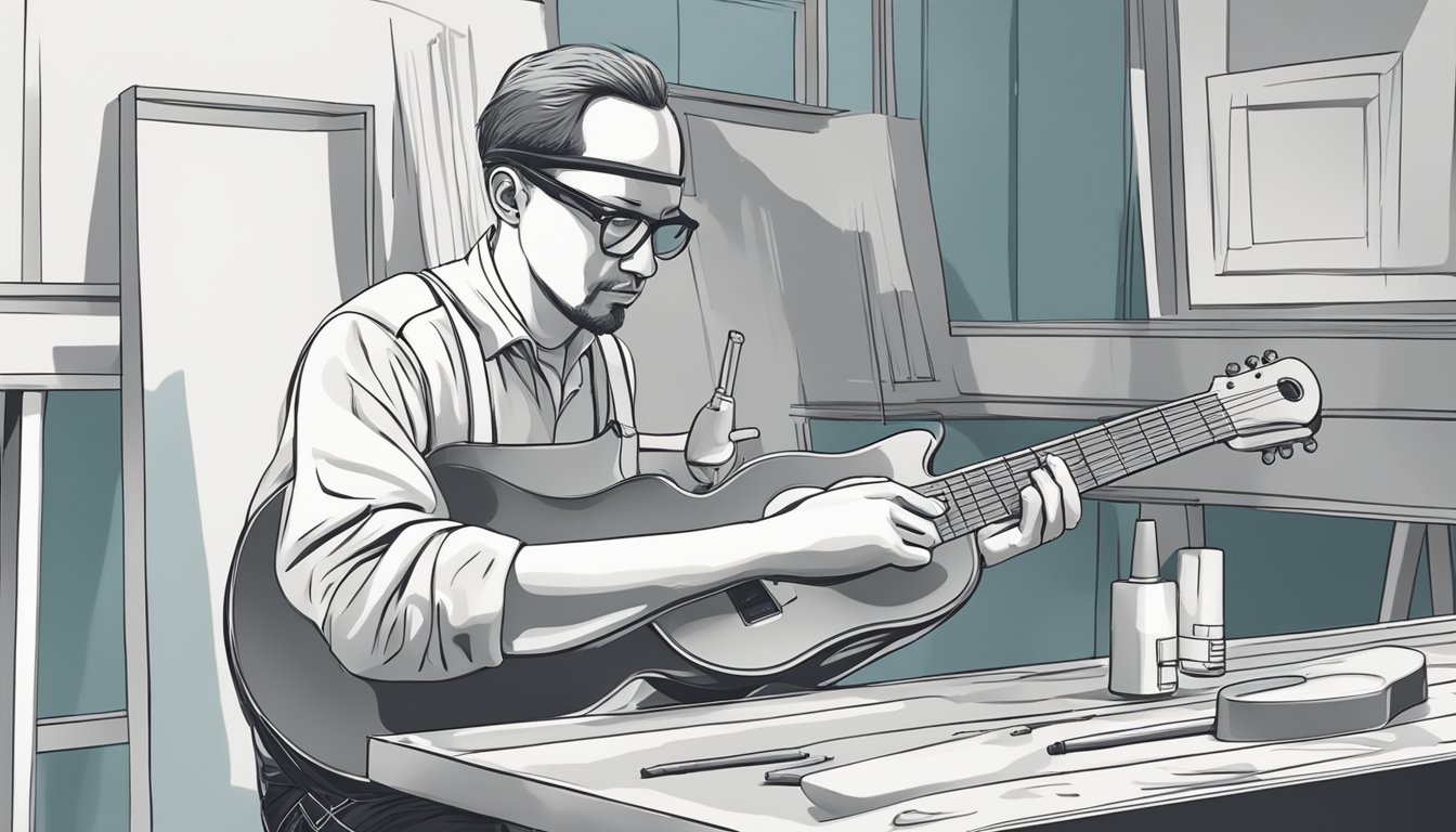 An artist carefully applies primer to a guitar body, preparing it for painting