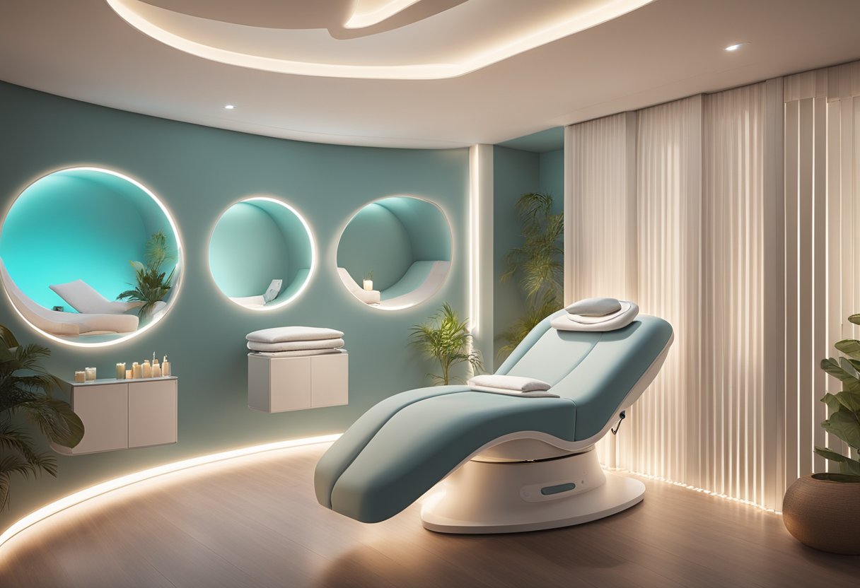 A serene spa room with a reclined treatment bed, soft lighting, and a Morpheus8 device ready for body contouring