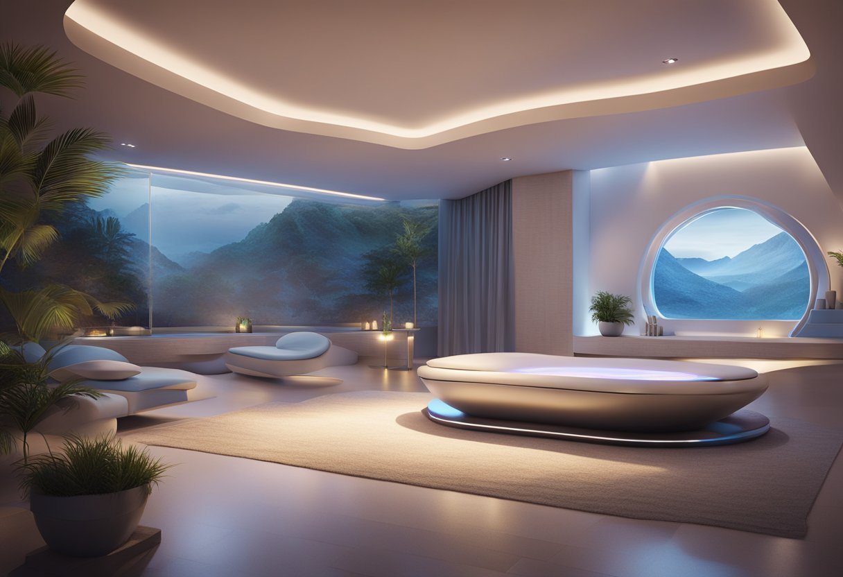 A serene, spa-like setting with a futuristic Morpheus8 machine surrounded by soft lighting and calming decor