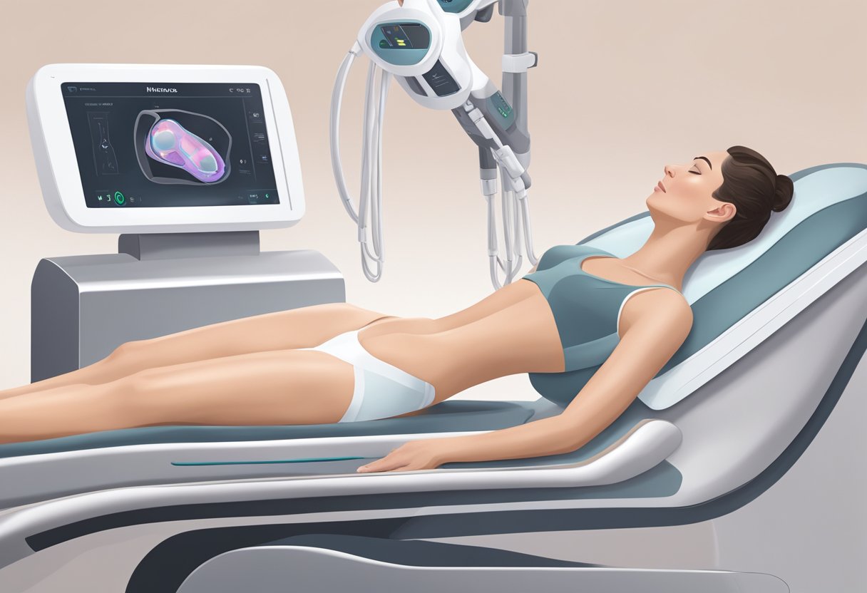 A person receiving Morpheus8 body contouring treatment, with a machine targeting specific areas of the body to reshape and tighten the skin