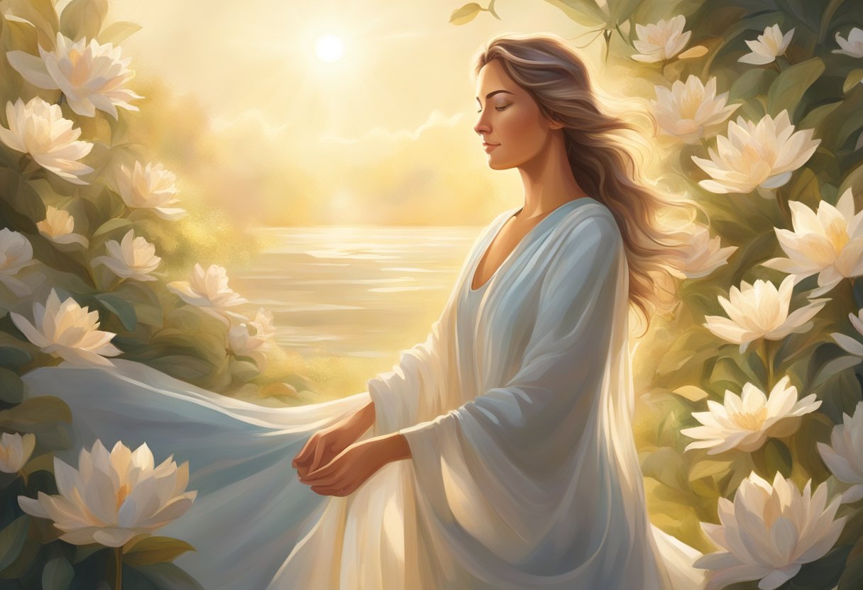 A serene figure surrounded by soft, warm light, with a sense of transformation and rejuvenation