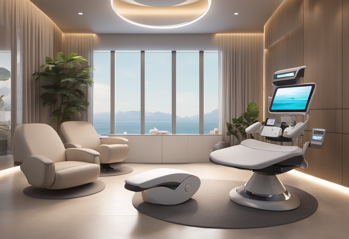 A serene, spa-like setting with a Morpheus8 machine positioned next to a comfortable treatment chair. Soft lighting and calming decor create a relaxing atmosphere for body contouring