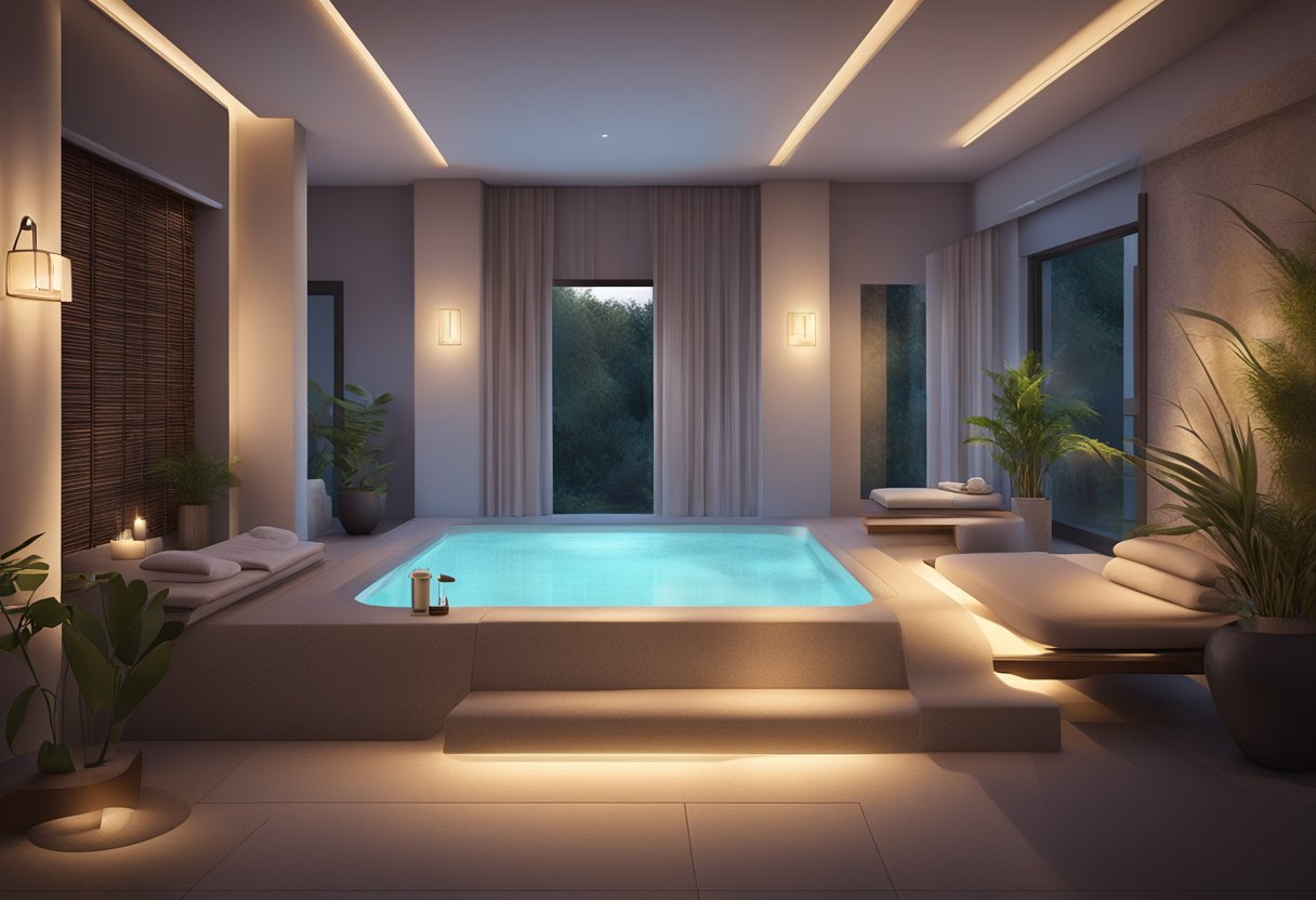 A serene, dimly-lit spa room with a comfortable treatment chair, soft ambient lighting, and a soothing atmosphere