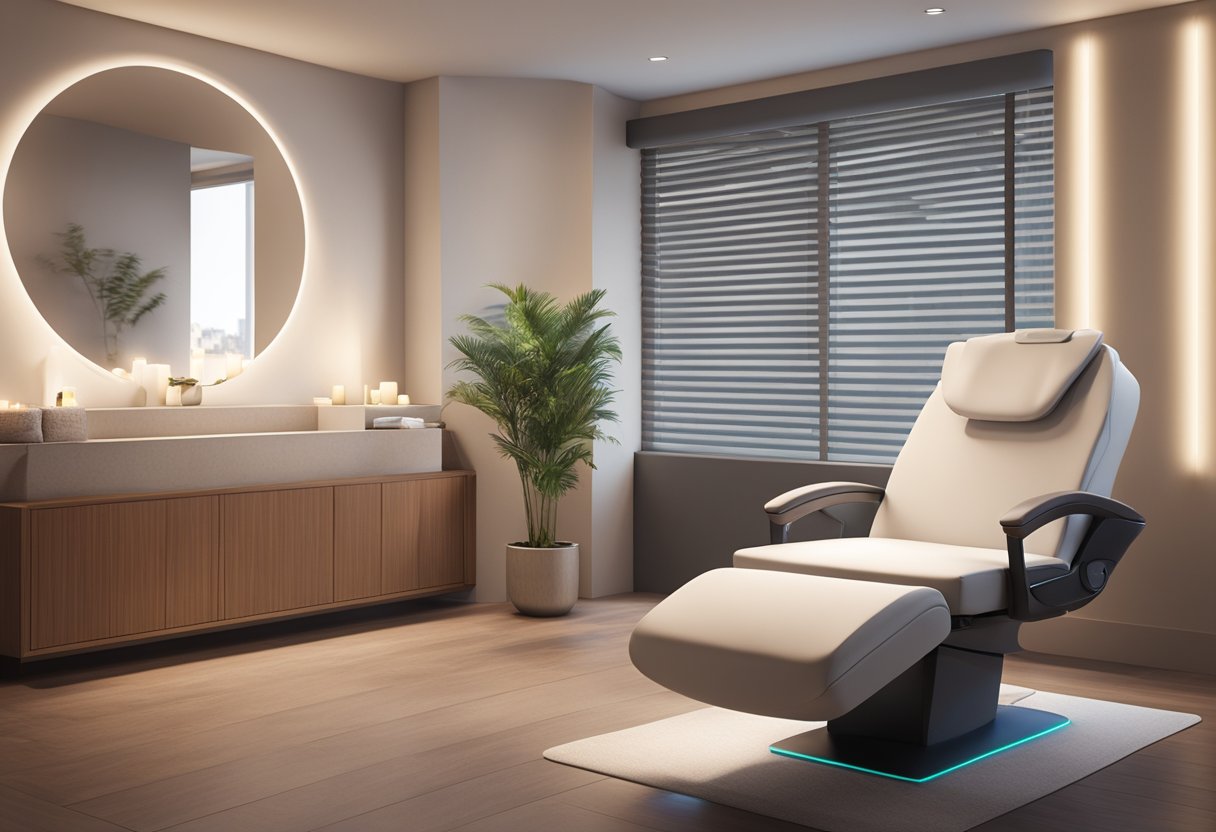 A serene, dimly lit spa room with a comfortable treatment chair and a soothing ambiance. A Morpheus8 device is positioned nearby, ready for use