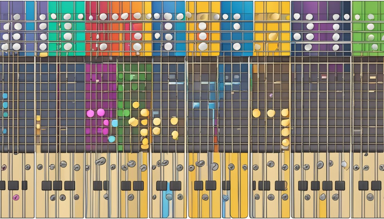 A guitar fretboard with various scales marked out in different positions and patterns