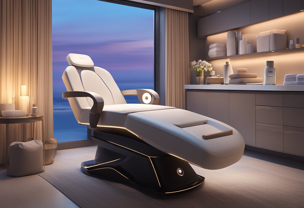 A serene, dimly lit spa room with a reclined treatment chair, soft ambient lighting, and a Morpheus8 machine positioned near a table with skincare products