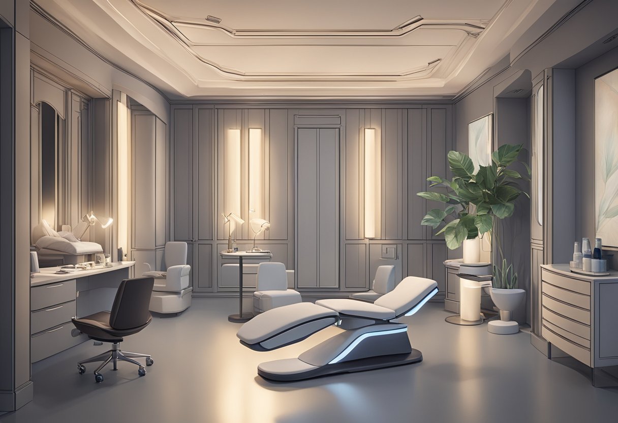 A serene, dimly lit room with a comfortable treatment chair and a professional setting for Morpheus8 skin rejuvenation