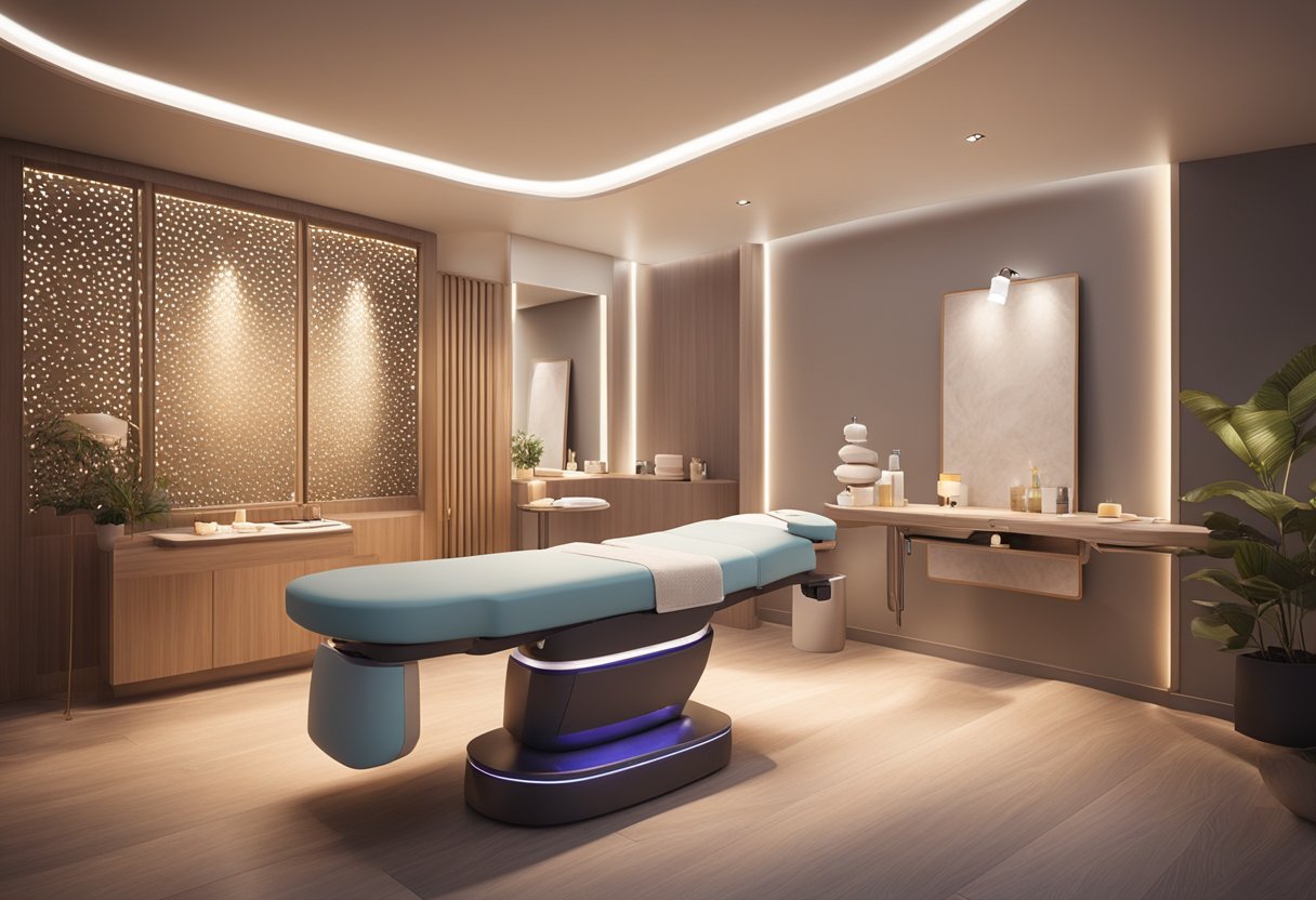 A serene, dimly-lit spa room with a comfortable treatment chair and a soothing ambiance. A professional skincare specialist is performing a Morpheus8 treatment on a client's under-eye area, using advanced technology and precision