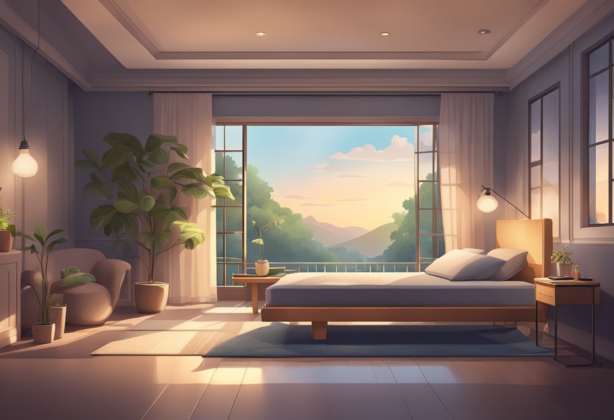 A serene, dimly lit room with a comfortable treatment bed and soft, soothing music playing in the background. A sense of relaxation and rejuvenation fills the air