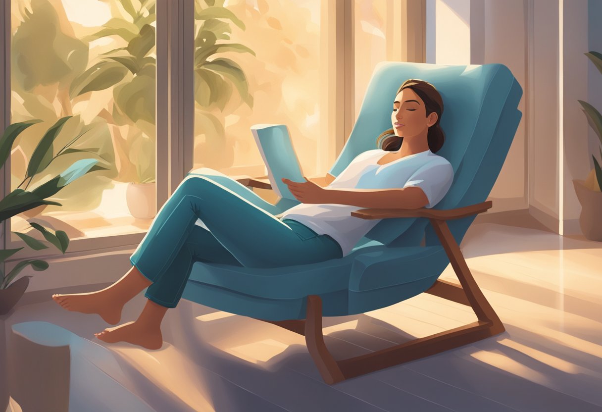 A serene figure reclines in a comfortable chair, surrounded by soft lighting and soothing music. A sense of relaxation and rejuvenation fills the air