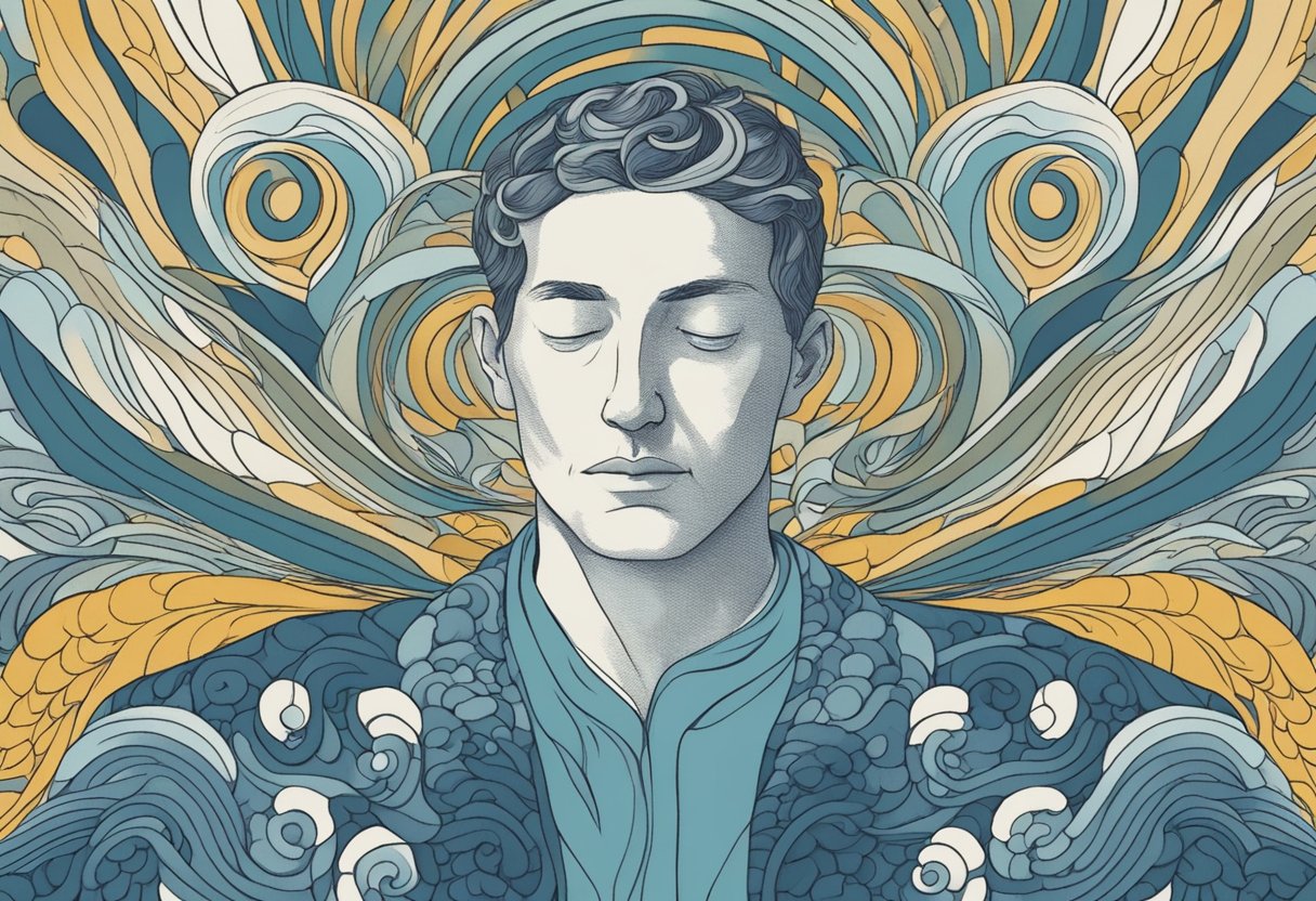 A serene figure surrounded by swirling patterns, representing the potential side effects and patient experiences of Morpheus8