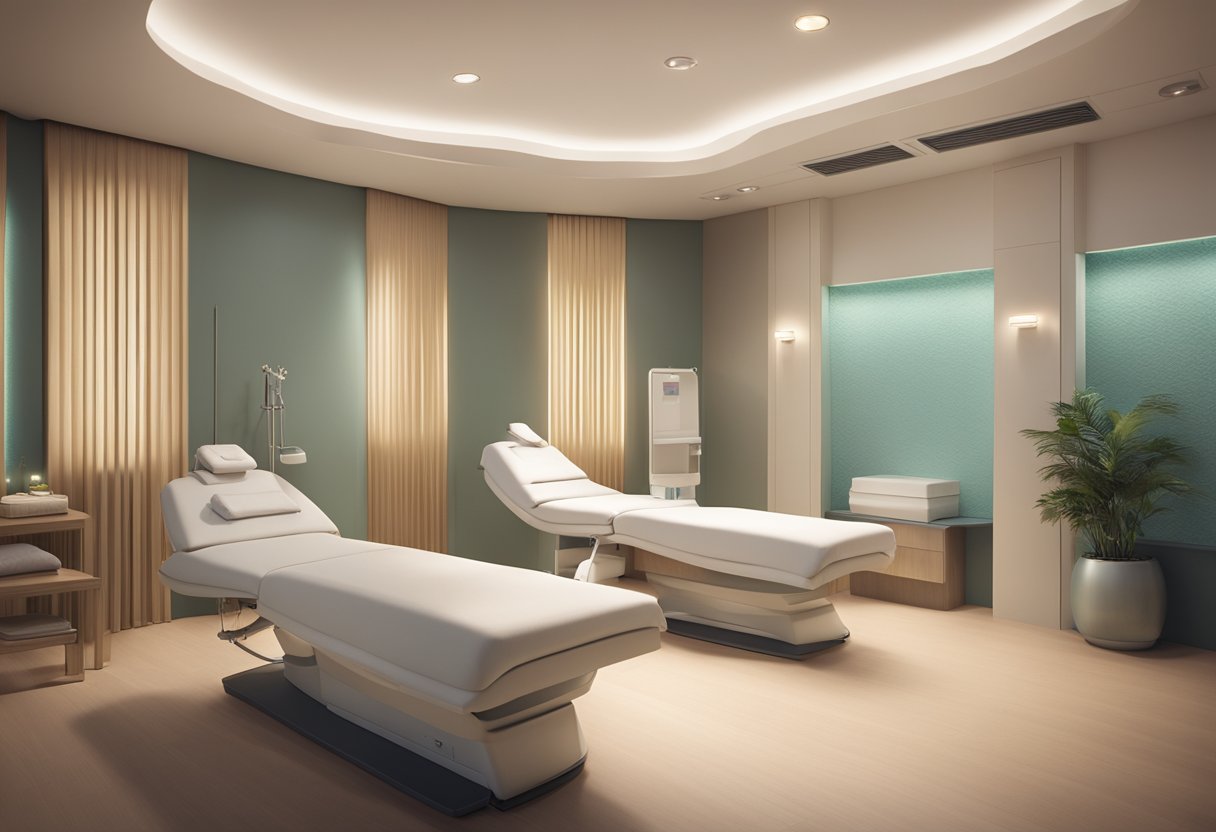 A serene and tranquil medical spa setting with soft lighting and comfortable seating, showcasing a Morpheus8 treatment room with modern equipment and a calming atmosphere