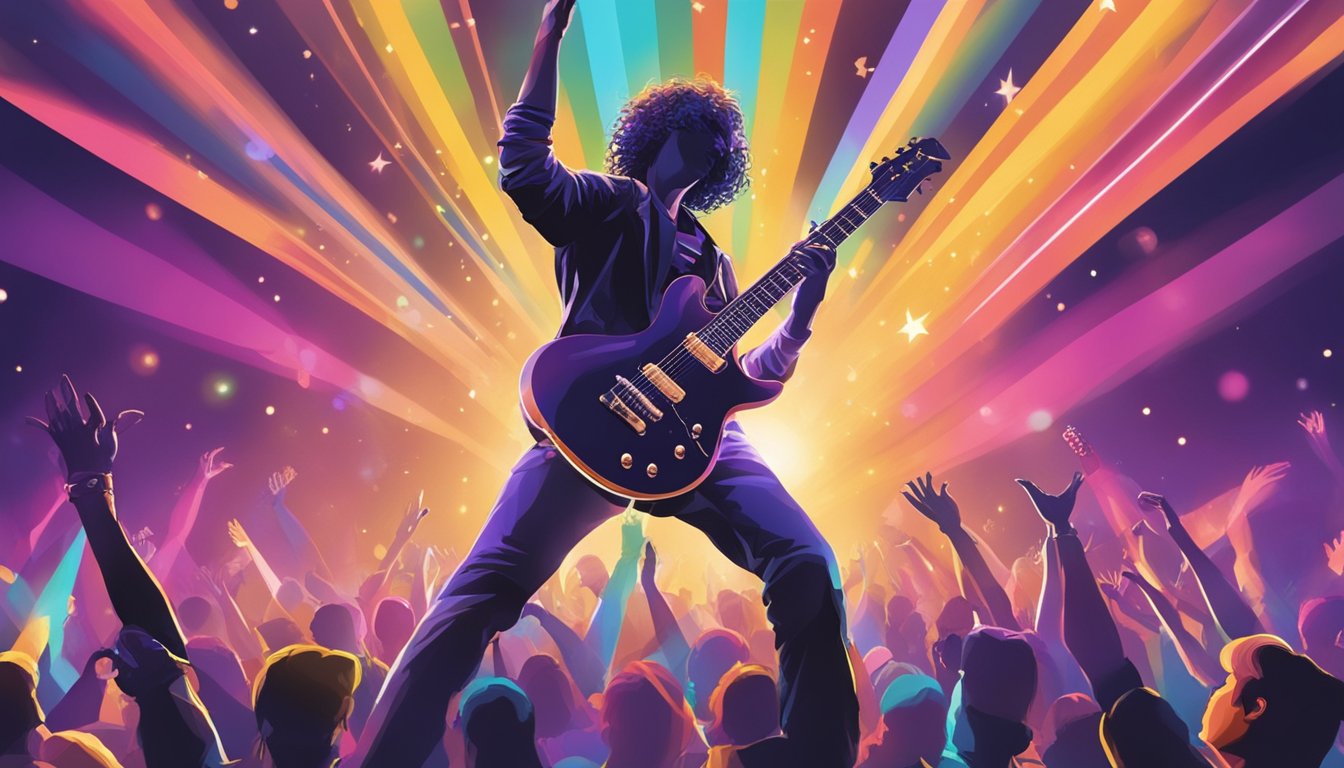 A guitarist playing in sync with a dancing crowd under colorful stage lights