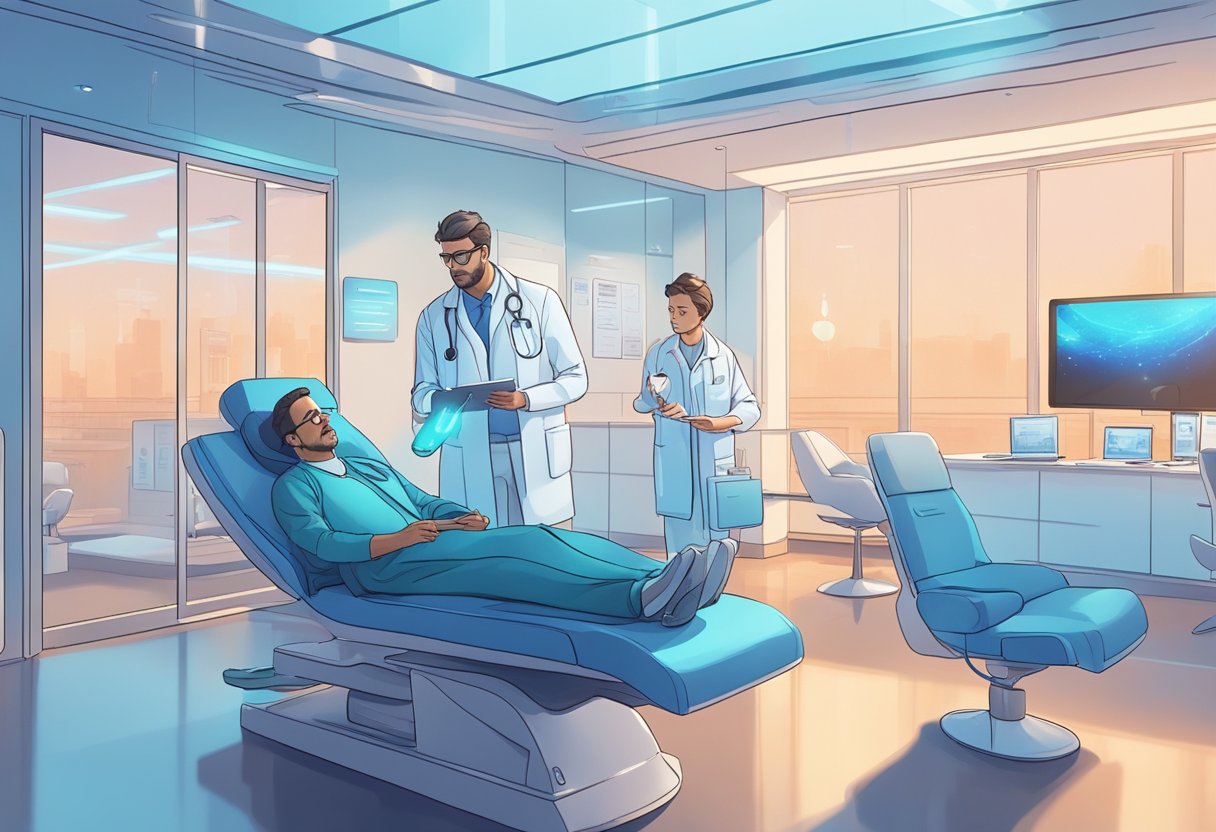 A serene, futuristic medical office with a doctor explaining Morpheus8 side effects to a patient while a calming, blue light fills the room