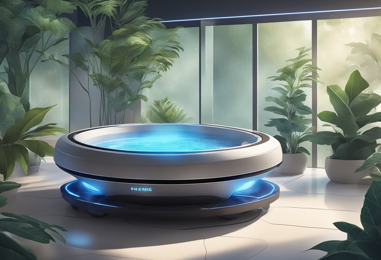 A serene, spa-like setting with a futuristic Morpheus8 machine surrounded by calming botanicals and soft lighting