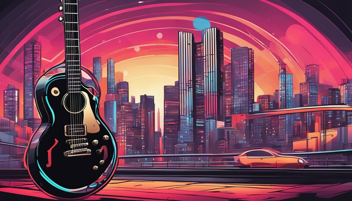 A guitar with a distinctive red and black design, set against a backdrop of urban graffiti and neon lights