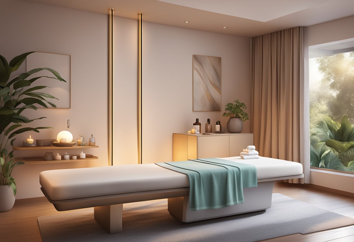 A serene spa room with a comfortable treatment bed, soft lighting, and a skincare device ready for use