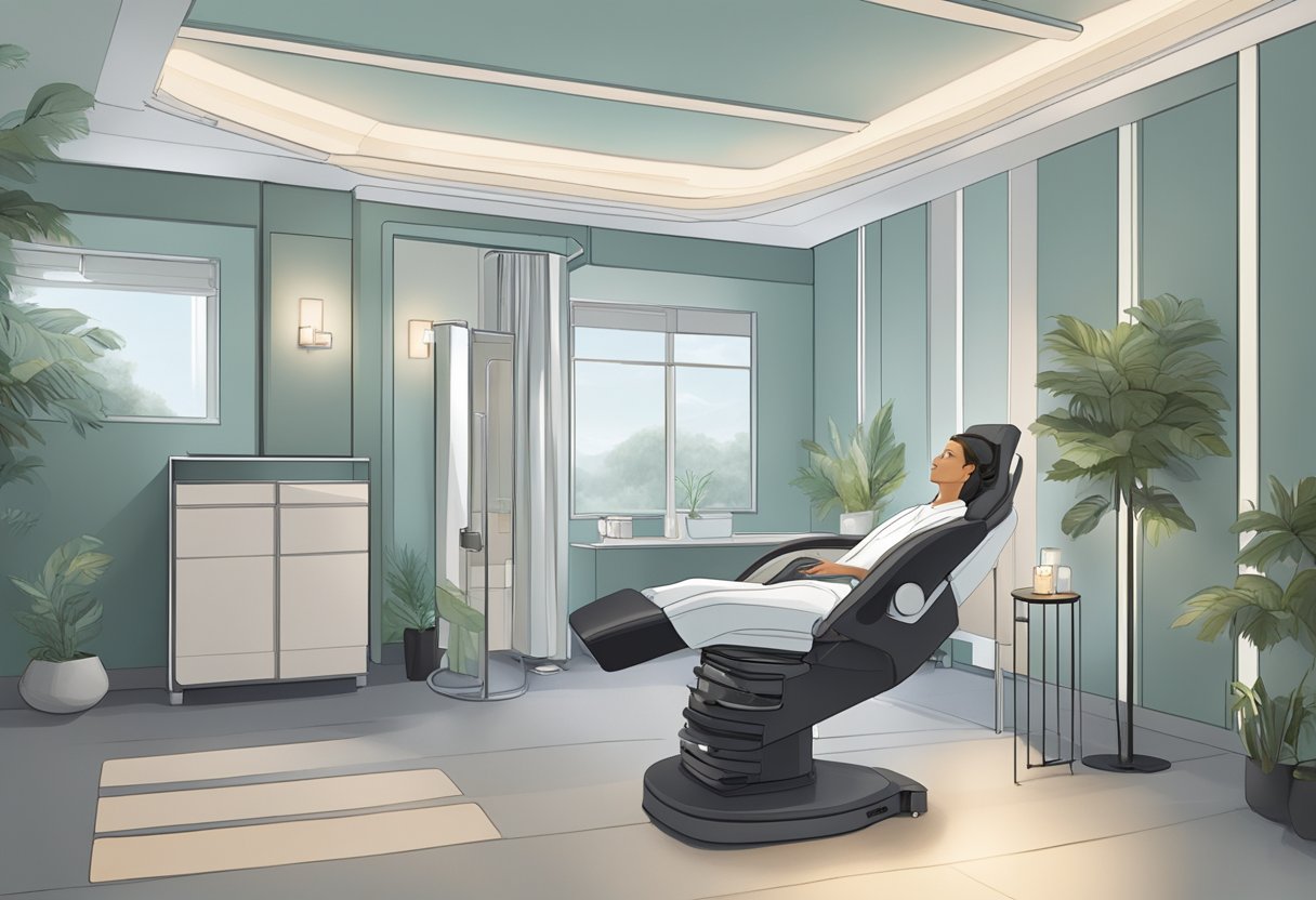 A serene spa room with a reclined treatment chair, a soothing color scheme, and gentle lighting. A technician prepares the Morpheus8 device for a client