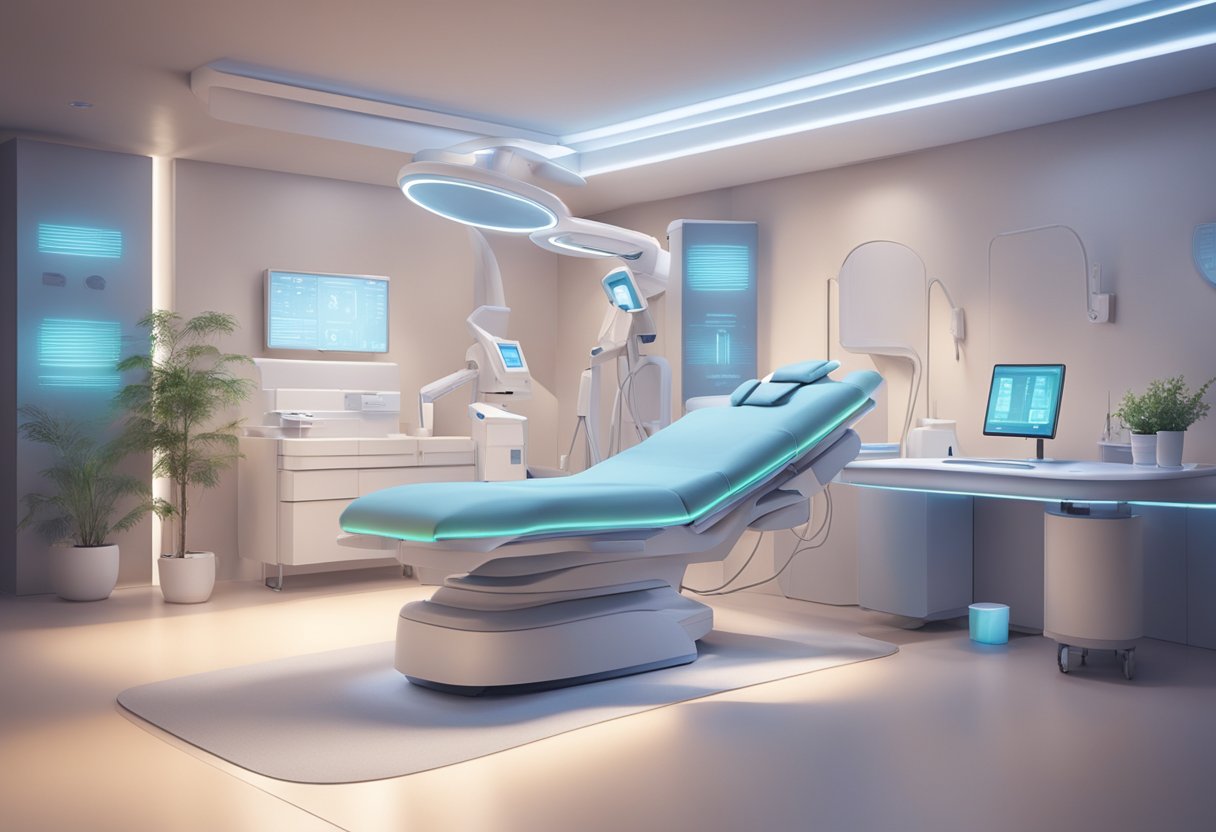 A serene, futuristic clinic setting with a technician operating Morpheus8 on a patient's skin. Soft lighting and a calm atmosphere convey a sense of professional care