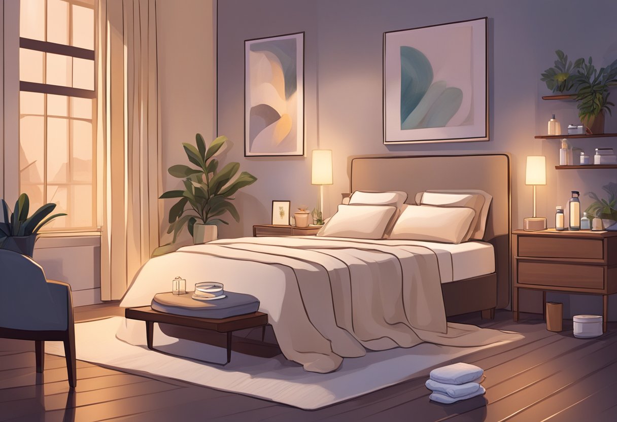 A serene, dimly lit room with a cozy bed, soft blankets, and a table holding post-treatment care products like moisturizers and soothing creams