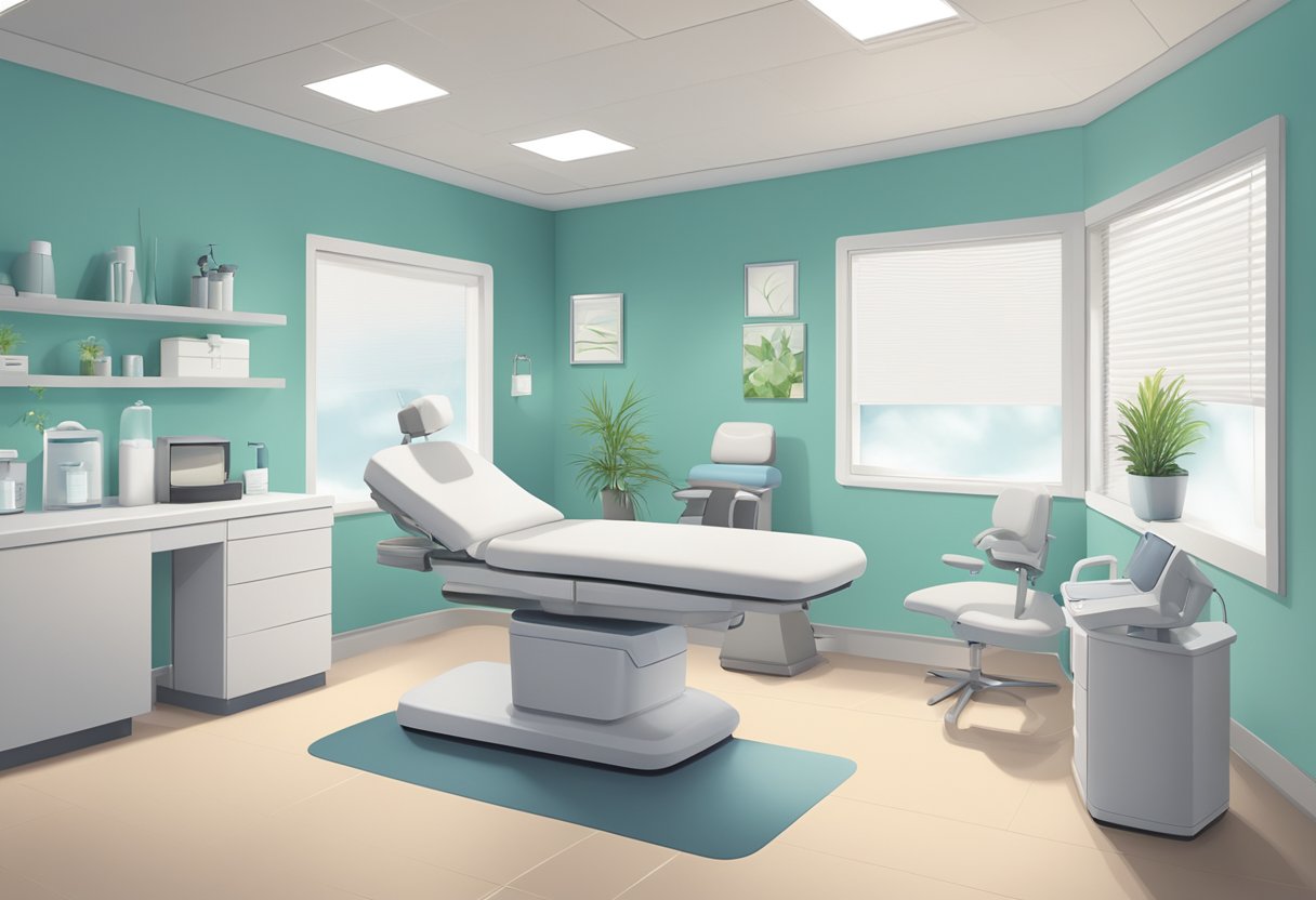 A serene and clean medical office with a calming color scheme, featuring a professional administering a Morpheus8 treatment to a patient's skin