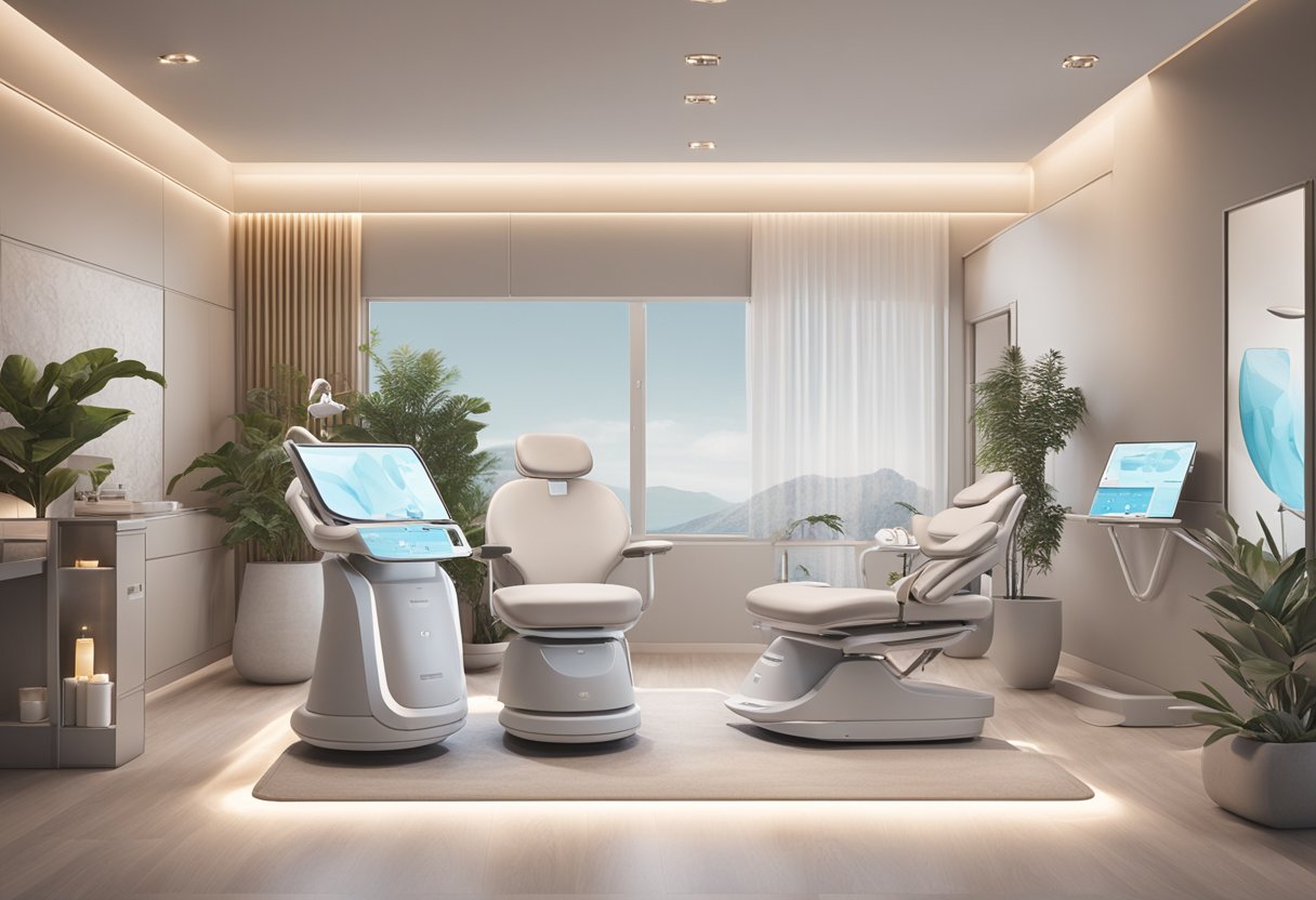 A serene, modern clinic setting with a professional administering Morpheus8 treatment to a relaxed client. Various skincare products and equipment are neatly arranged nearby