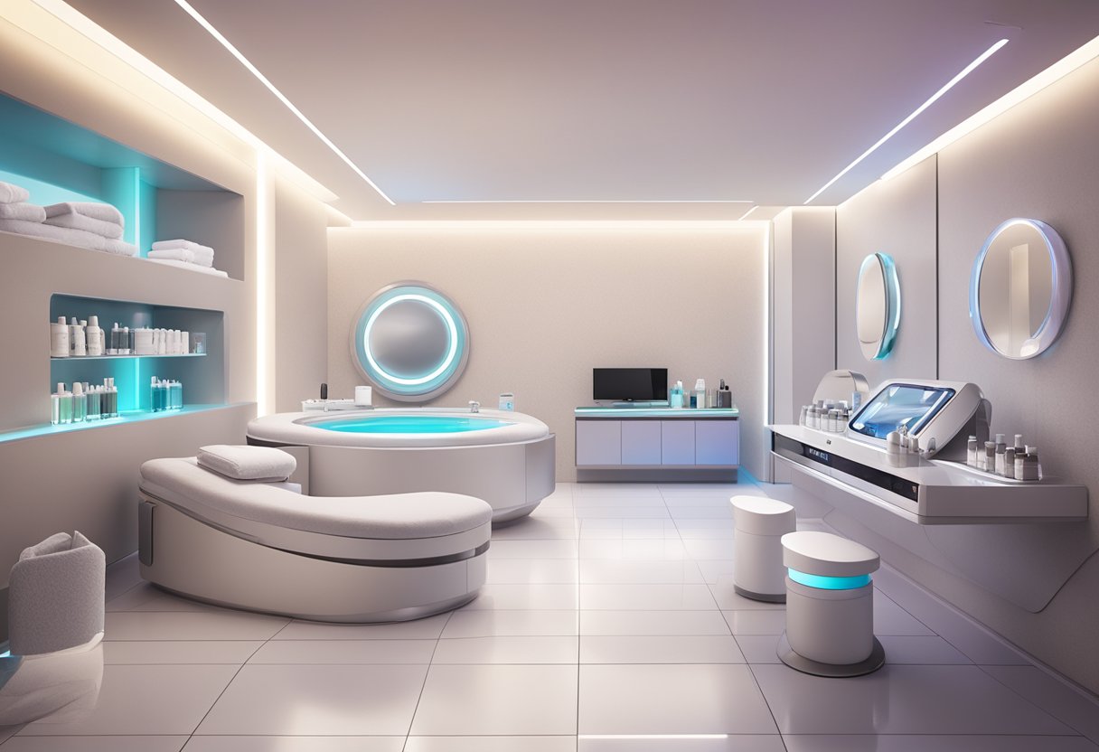 A serene spa room with a futuristic Morpheus8 machine and various skincare products on a clean, organized counter