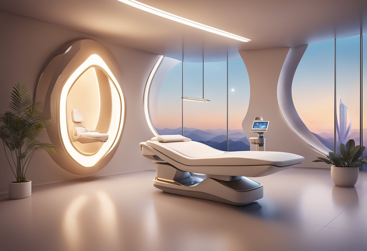 A serene, futuristic clinic setting with a Morpheus8 machine emitting gentle, warm light onto a smooth, glowing skin surface