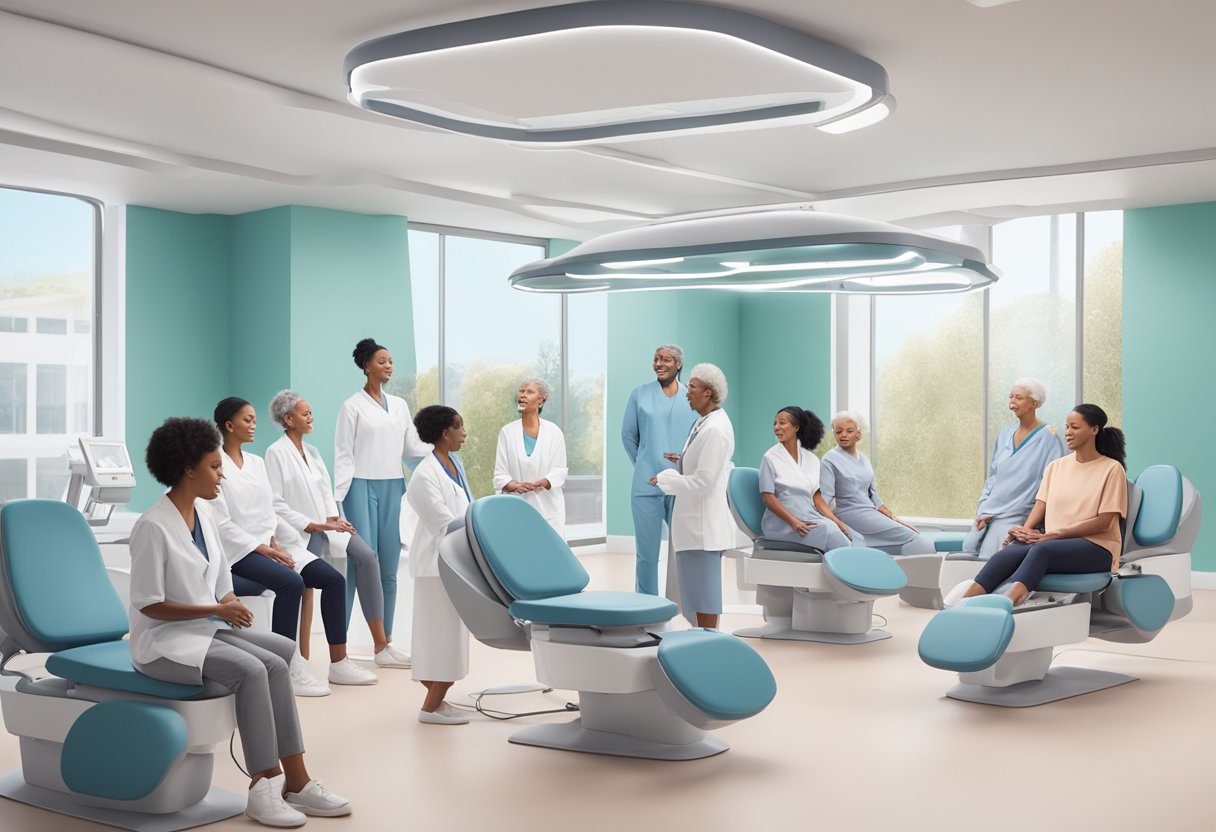 A diverse group of people of different ages and skin tones receiving Morpheus8 treatment in a modern, well-lit clinic setting