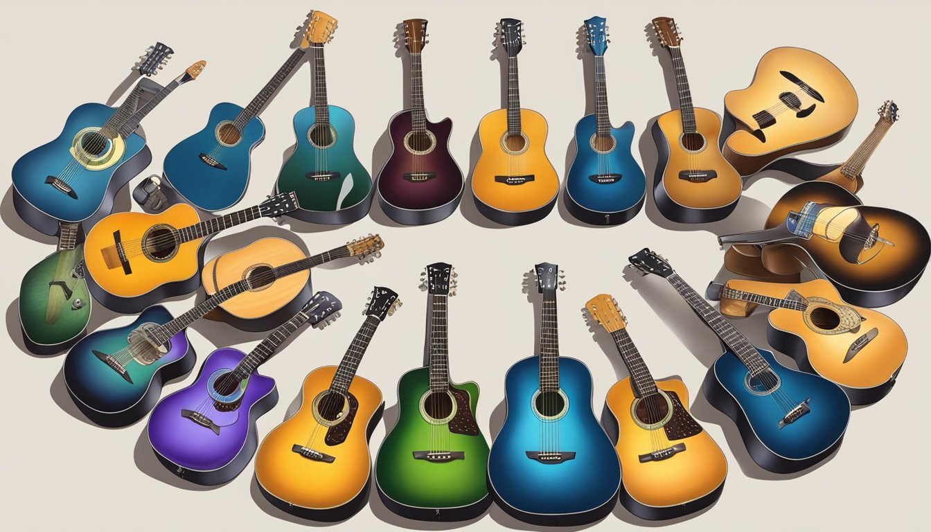 A collection of guitars arranged in a circle, each one being strummed to produce a unique chord