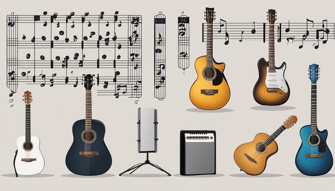 A collection of guitar chords spread out on a table, with a music stand nearby