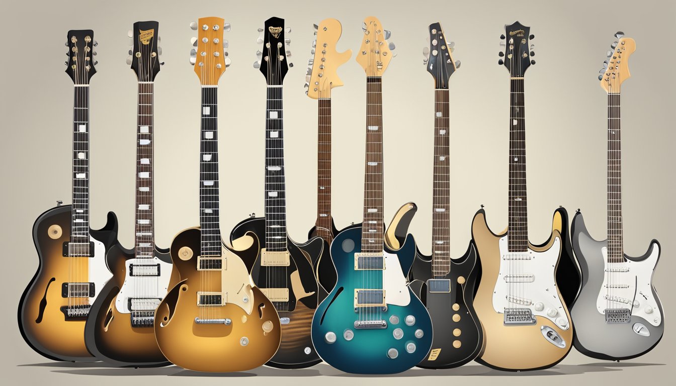 A collection of guitars of various styles and genres, each with unique chord diagrams displayed nearby