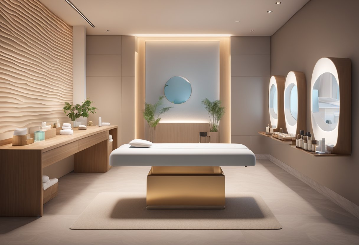 A serene spa room with soft lighting and a comfortable treatment bed. A Morpheus8 device is visible, along with skincare products neatly displayed on a counter