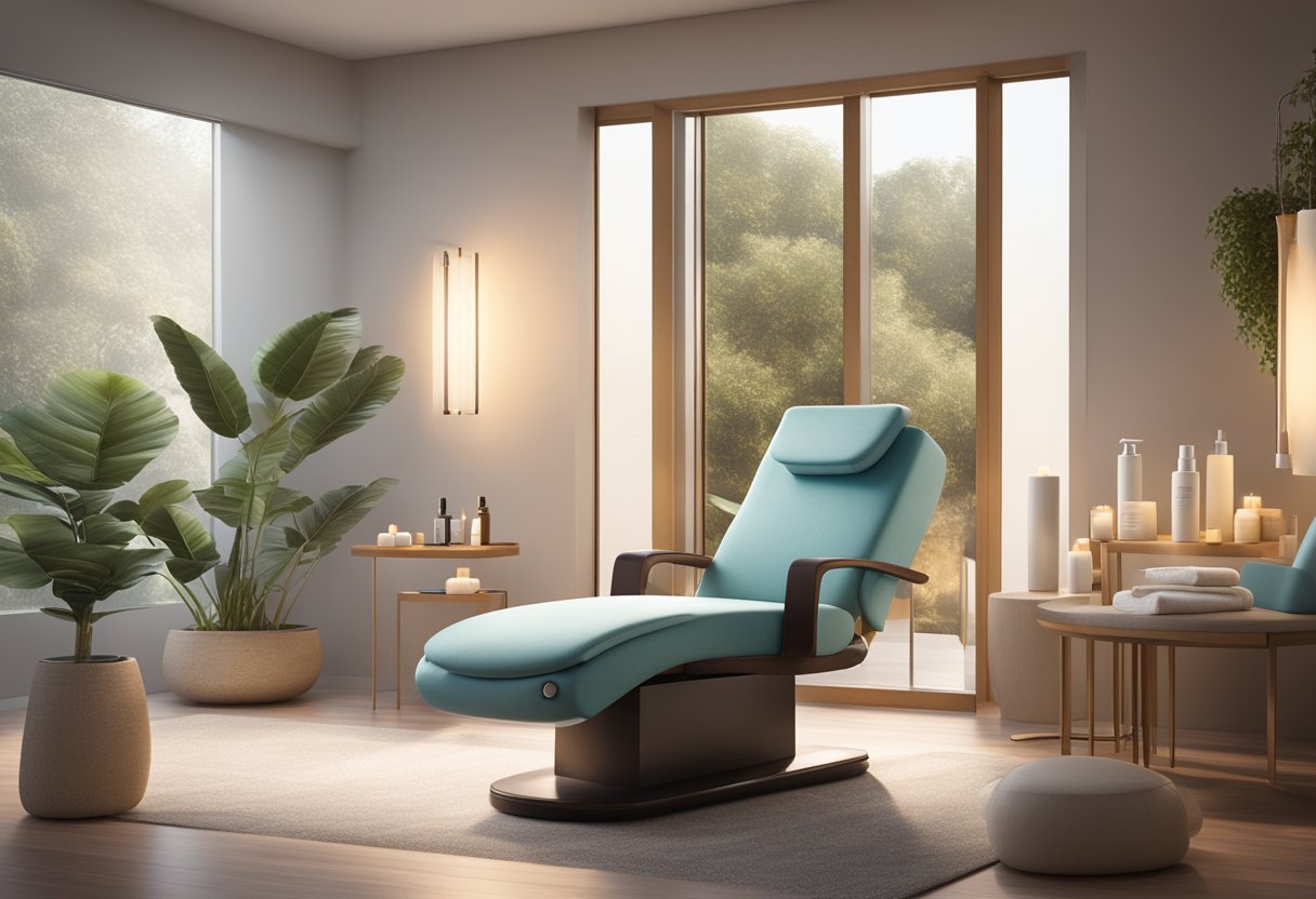 A serene spa-like setting with a dimly lit room, featuring a comfortable treatment chair and a display of skincare products on a clean, modern table