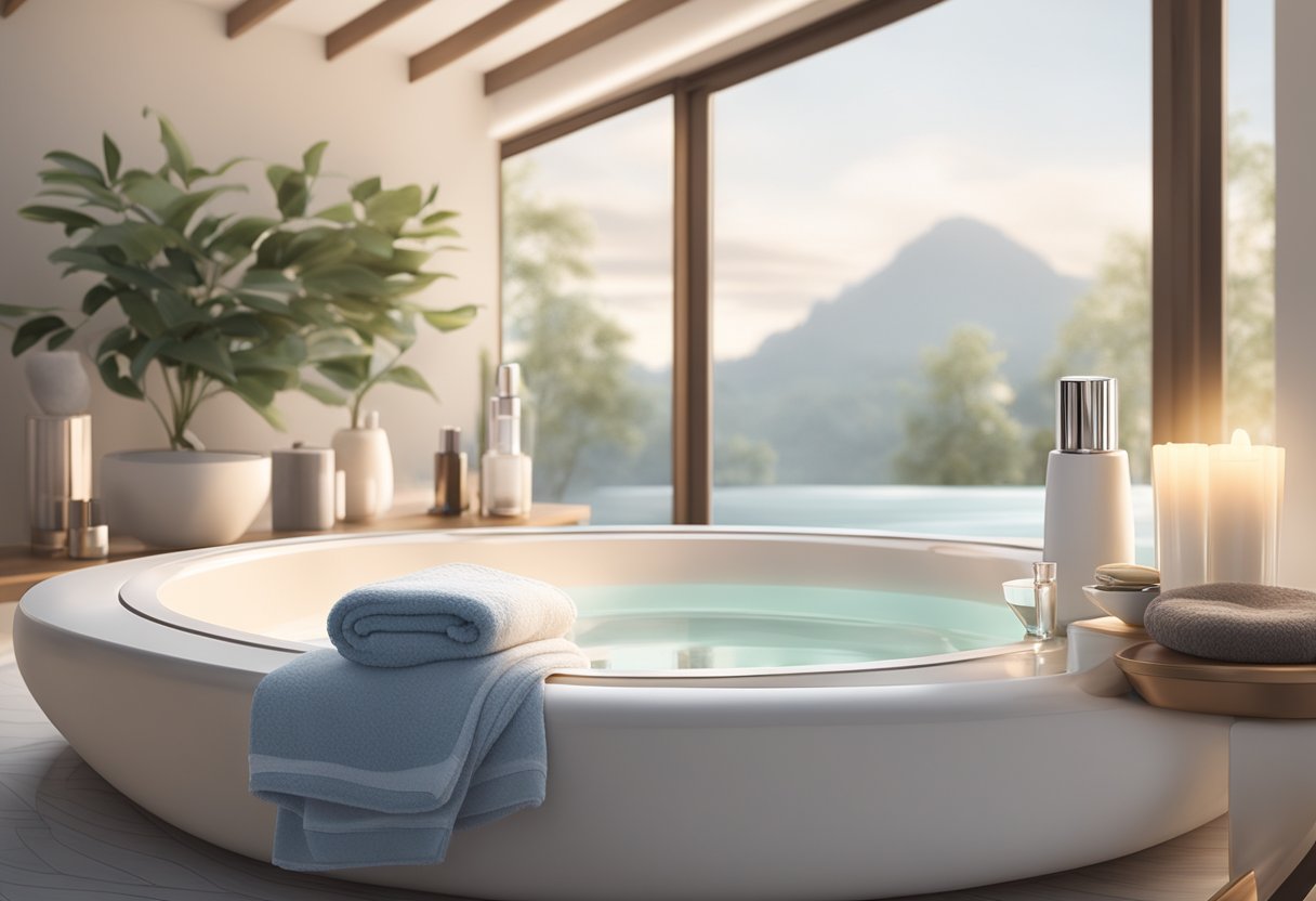 A serene spa-like setting with a glowing Morpheus8 device surrounded by luxurious skincare products and soft towels