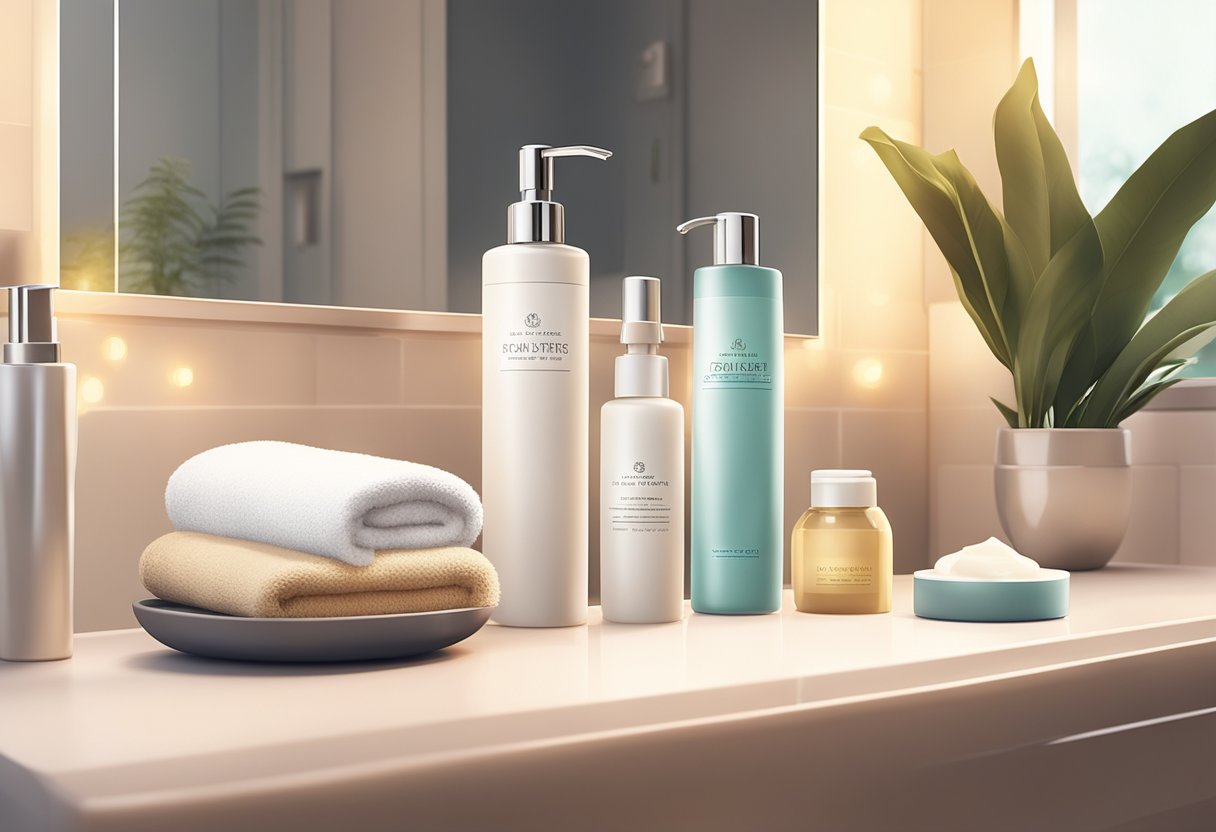 A serene bathroom counter with skincare products neatly arranged, a soft towel, and a gentle, warm light casting a calming glow over the scene