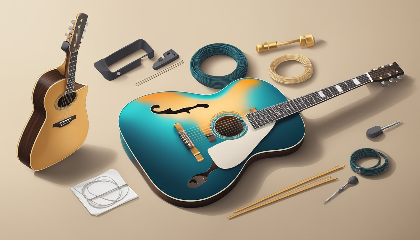 A guitar lying on a flat surface with the strings removed, a new set of strings, and a string winder tool nearby