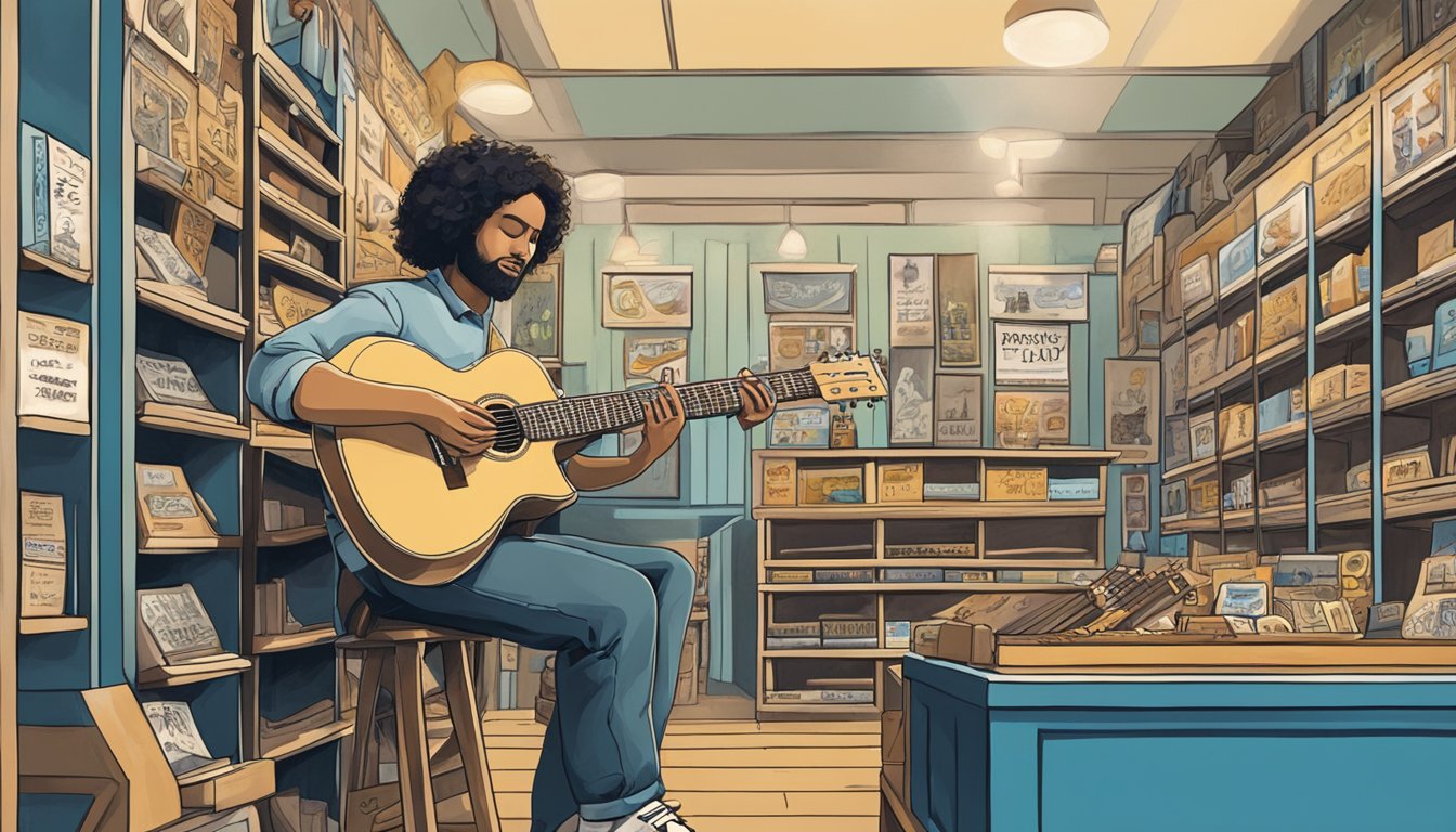 A person playing guitar in a store, surrounded by signs prohibiting the playing of "Stairway to Heaven."