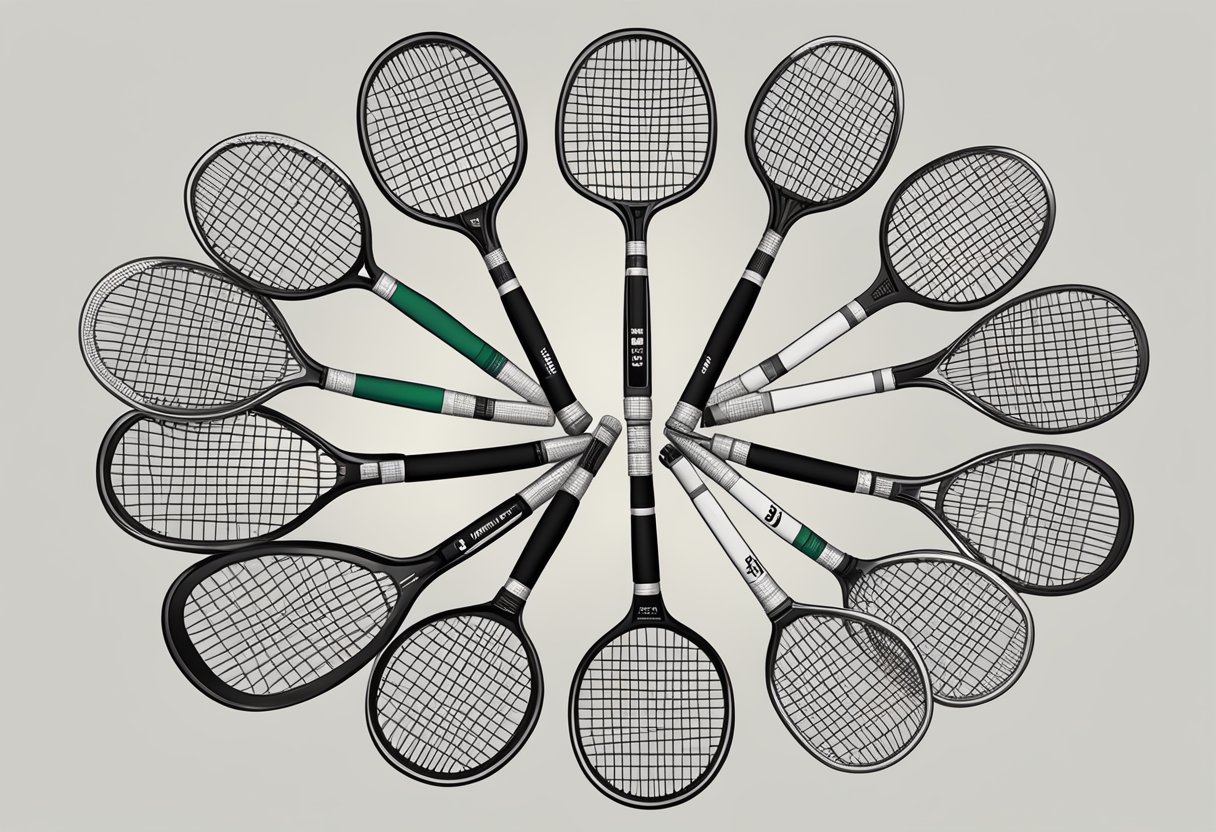 A group of badminton rackets arranged in a circle, with a shuttlecock in the center and the team names written on the handles