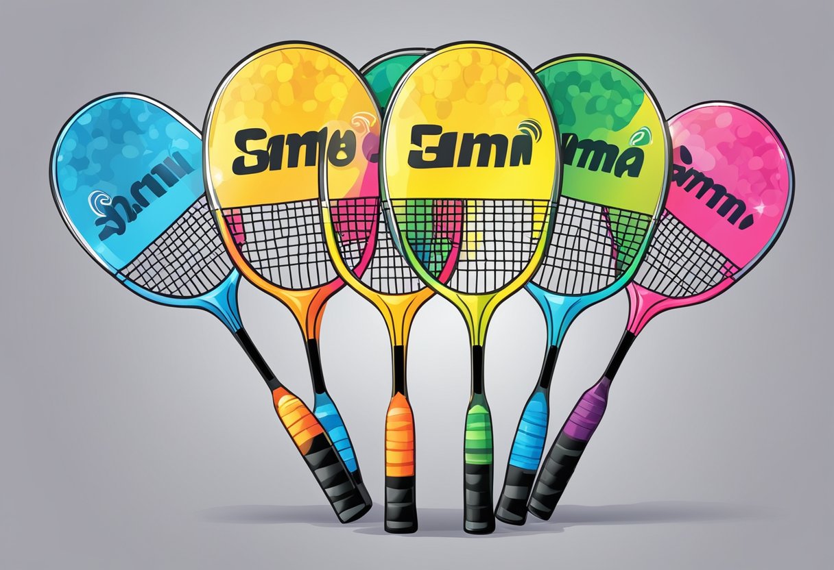 A group of badminton rackets with playful and imaginative names floating above them in colorful speech bubbles