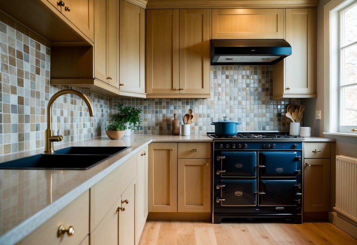 A cozy kitchen with a row of sleek, modern free-standing stoves against a tiled backsplash, bathed in warm natural light from a nearby window